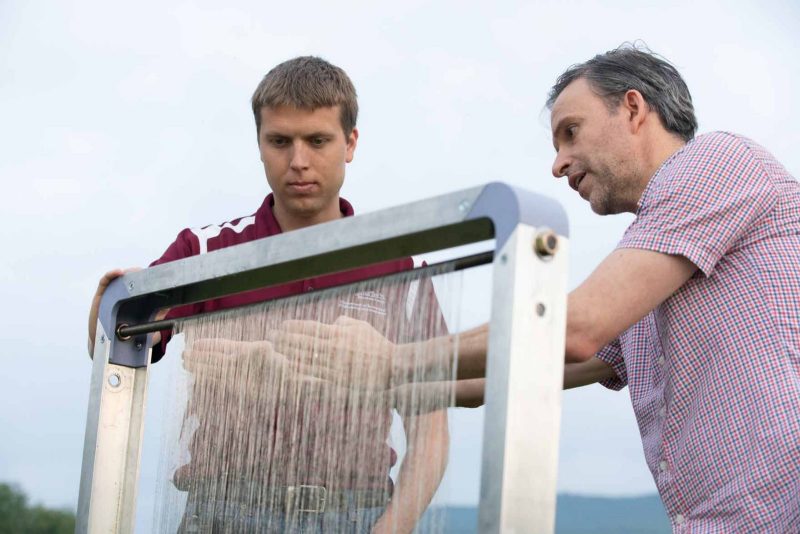 Jonathan Boreyko and Brook Kennedy discuss the fog harp prototype's construction. 
