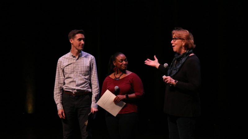 From left, Center for Communicating Science Co-Directors of Researh Jon Catherwood-Ginn and Brittney Harris, along with Director Patty Raun, take the stage at the 2024 Nutshell Games. Photo courtesy of Center for Communicating Science.