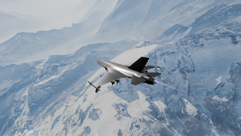 Illustration of a homeland defense interceptor flying through mountain-range.