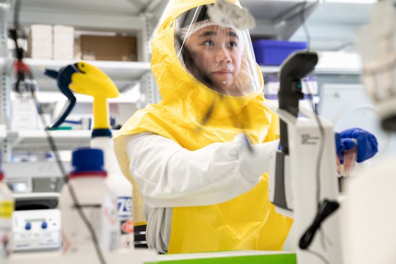 Lab worker in safety hood