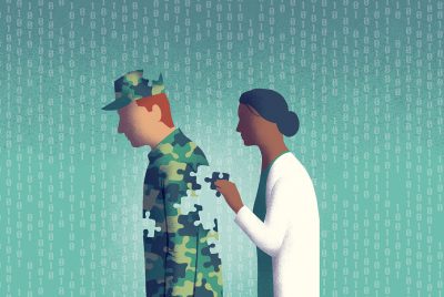 An illustration of a doctor piecing together a soldier. 