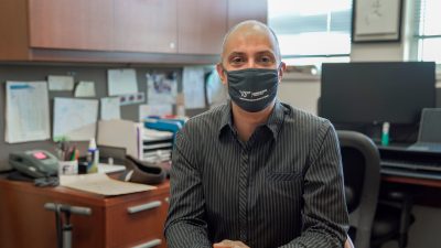 Steven Poelzing, Ph.D. wearing mask in office