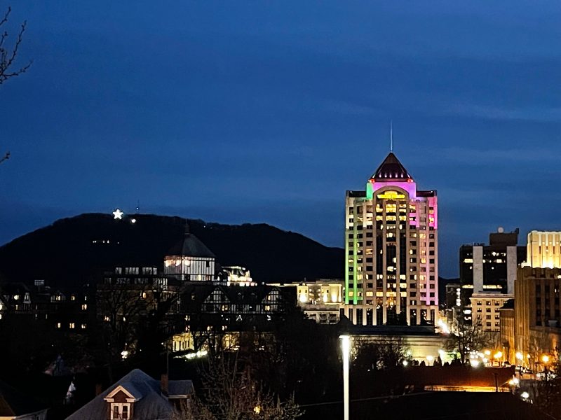 Wells Fargo Tower downtown Roanoke, Virginia, at twilight